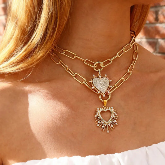 Sun-shaped Zircon Inlaid Copper Pendant Necklace Valentine's Day Gift Cool-tone Heart-shaped