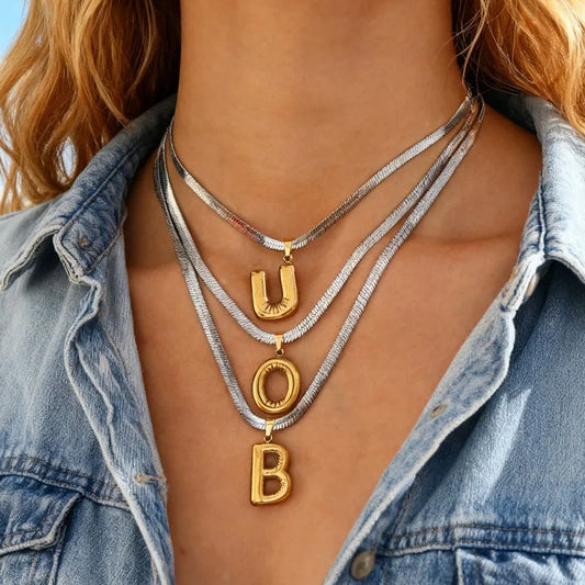 Universal Flat Chain Geometric Pattern Titanium Steel Letter Pendant Necklace Women's Style Snake Bone Jewelry Accessory