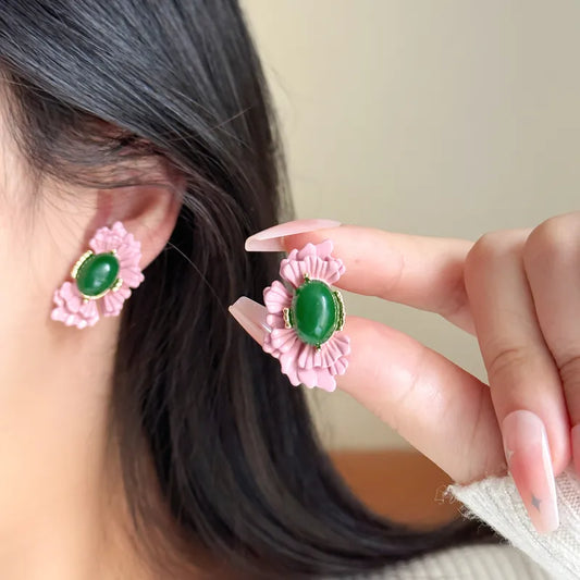 Vintage Green Earrings French Pink Flower Studs No Piercing Needed Vintage Courtship Earrings Women's Accessories