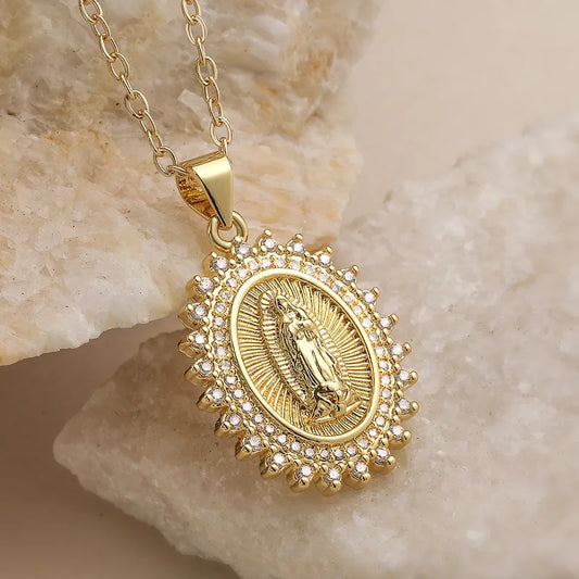 Vintage Water Plated 18K Gold Copper Inlaid Zircon Virgin Mary Oval Pendant Necklace For Women Retro Style