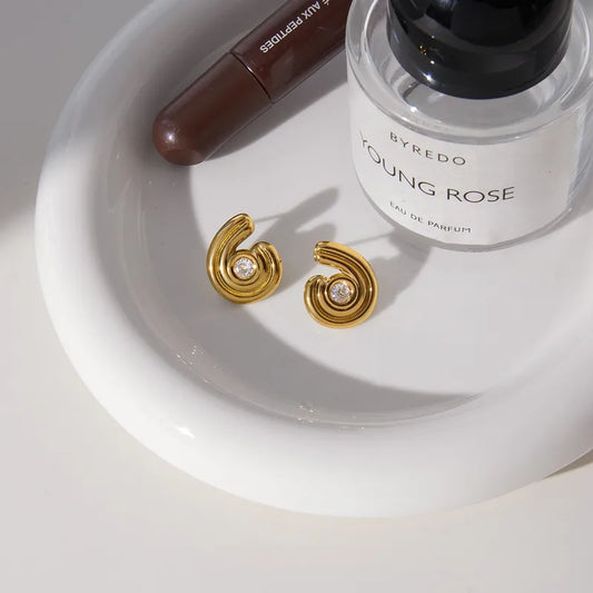 Women's Classic Style 18K Gold 304 Stainless Steel Threaded C-ring Zircon Earrings Waterproof Non-fading Vacuum Plated Geometric Ocean Style